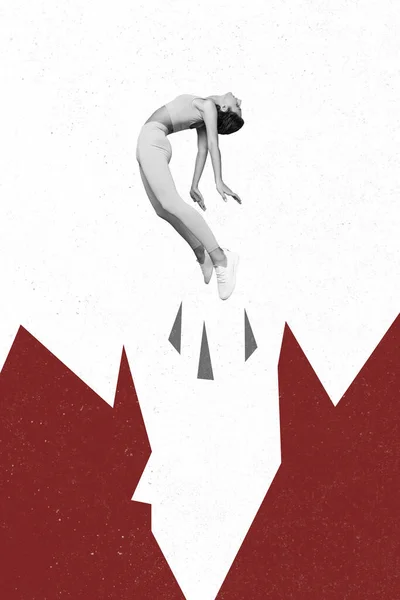 Vertical Collage Illustration Flying Girl Black White Colors Levitate Air —  Fotos de Stock