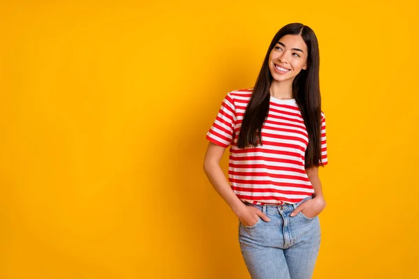 Portrait Gorgeous Cheerful Lady Toothy Smile Look Interested Empty Space —  Fotos de Stock