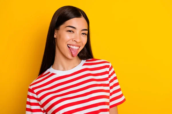 Photo Pretty Overjoyed Girl Toothy Smile Show Tongue Out Wear — Foto Stock