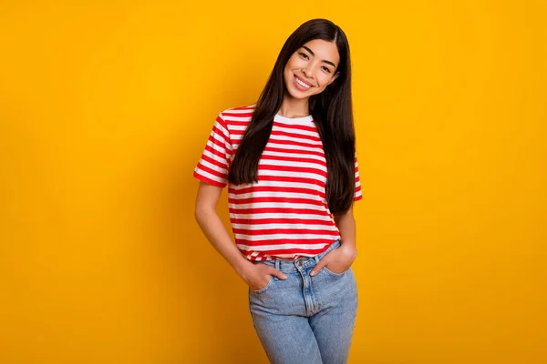 Photo Charming Cute Young Lady Wear Red Clothes Arms Pockets — Foto de Stock