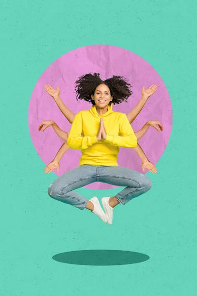 Vertical Collage Picture Positive Girl Levitate Hands Palms Meditate Isolated — Stockfoto