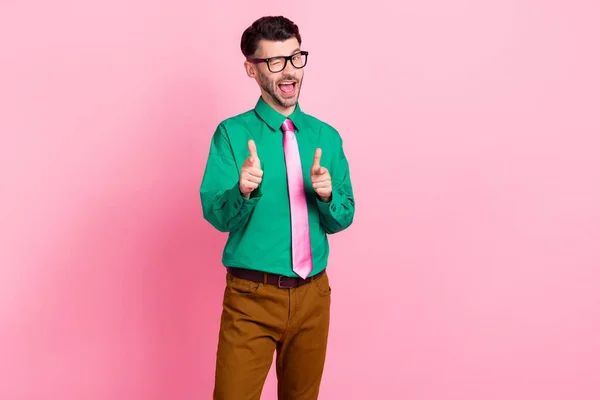 Portrait Young Successful Guy Blinking Pointing Fingers You Well Done — Fotografia de Stock