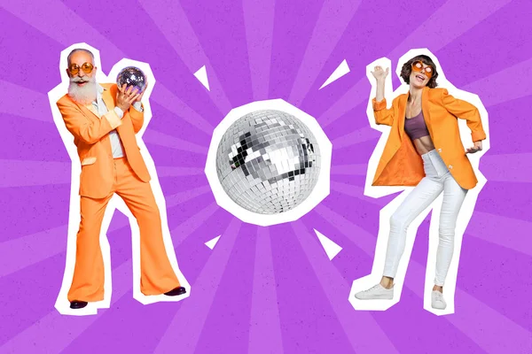 Composite collage of two excited positive people enjoy dancing chilling big glowing disco ball isolated on drawing purple background.