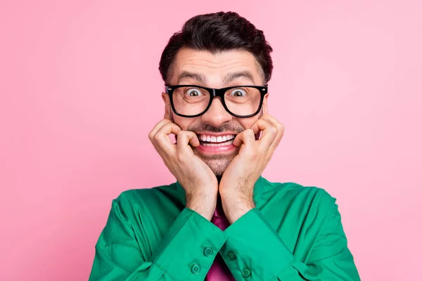 Closeup Photo Young Nervous Guy Bite Fingers Lips Smiling Can — Fotografia de Stock