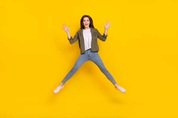 Full Body Photo Delighted Overjoyed Lady Jumping Have Fun Summer — Stockfoto