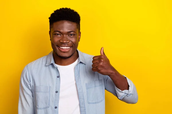 Photo Optimistic Young Brunet Guy Thumb Wear Jeans Shirt Isolated — Stockfoto