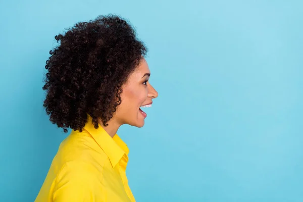 Profile Photo Impressed Curly Hairdo Young Lady Look Promo Wear — Stock fotografie