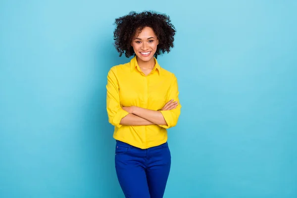 Photo Pretty Friendly Person Folded Hands Wear Smart Casual Isolated — Stock fotografie