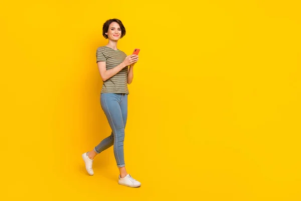 Photo Pretty Shiny Lady Wear Striped Shirt Walking Writing Modern — Stockfoto