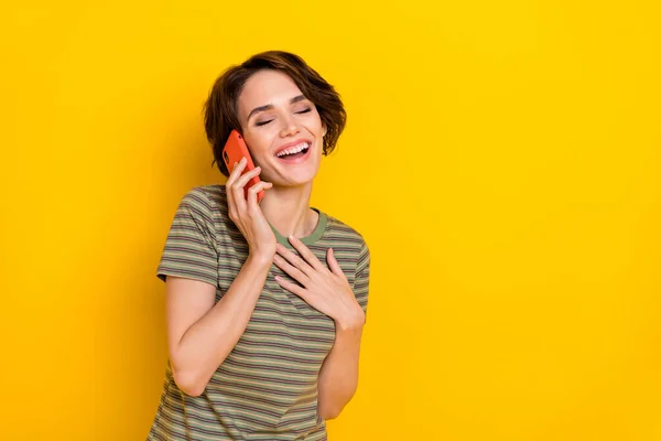 Photo Shiny Dreamy Lady Wear Striped Shirt Talking Modern Device — Stok fotoğraf