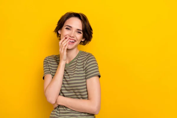 Portrait Young Attractive Woman Wear Striped Khaki Shirt Smiling Ashamed — Fotografia de Stock