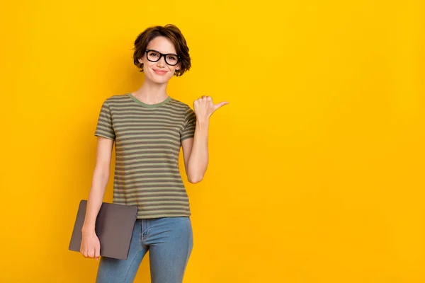 Photo Pretty Shiny Lady Wear Striped Shirt Spectacles Holding Modern — Foto Stock