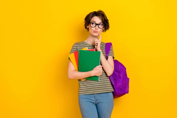 Photo Doubtful Unsure Lady Wear Striped Shirt Spectacles Backpack Looking — Stock Photo, Image