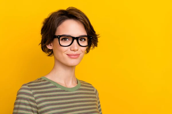 Photo Charming Sweet Lady Wear Striped Shirt Spectacles Smiling Empty — Fotografia de Stock