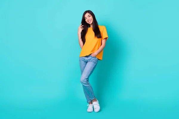 Full Body Photo Sweet Brunette Lady Touch Hair Wear Orange — ストック写真