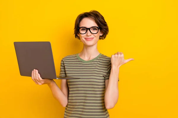 Photo Pretty Sweet Lady Wear Striped Shirt Spectacles Typing Modern — Stockfoto