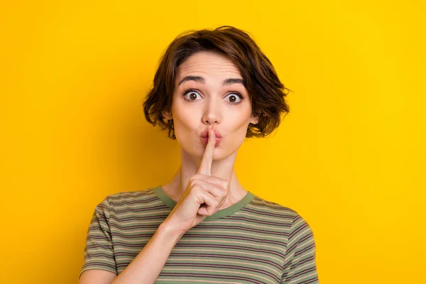 Closeup Photo Young Lady Keeping Secret Poked Work Stay Silent — Fotografia de Stock