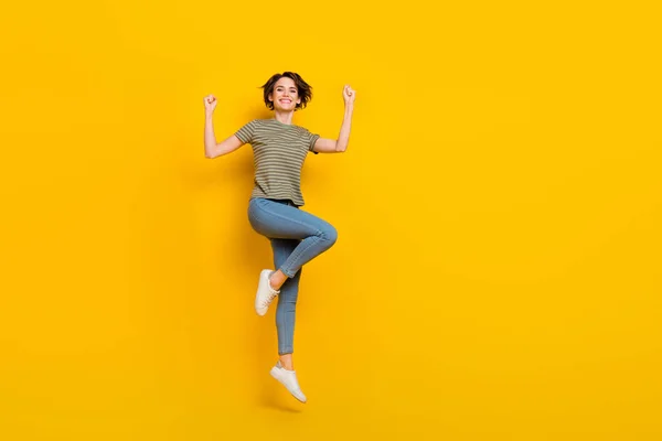 Full Length Photo Charming Lucky Lady Wear Striped Shirt Jumping — Stok fotoğraf