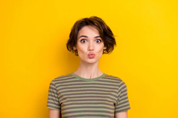 Portrait Young Funny Lady Pouted Lips Make Photo Look Directly — Stok fotoğraf