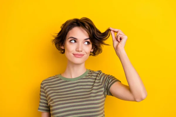 Closeup Photo Young Beautiful Smiling Lady Wear Khaki Shirt Touching —  Fotos de Stock