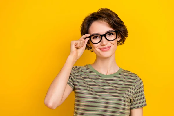 Photo Sweet Adorable Lady Wear Striped Shirt Arm Spectacles Smiling — ストック写真