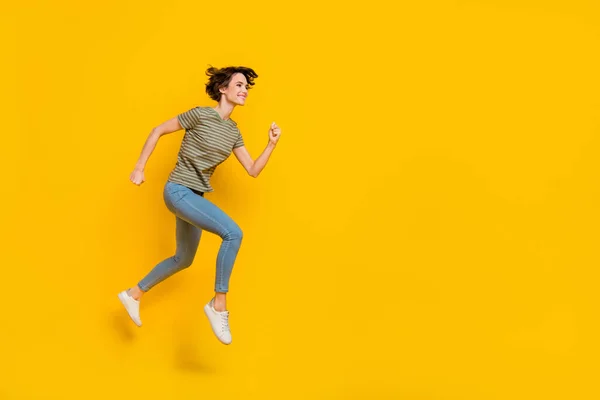 Full Length Photo Shiny Charming Lady Wear Striped Shirt Jumping — Stockfoto