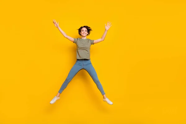 Full Length Photo Excited Charming Lady Wear Striped Shirt Jumping — Stok fotoğraf