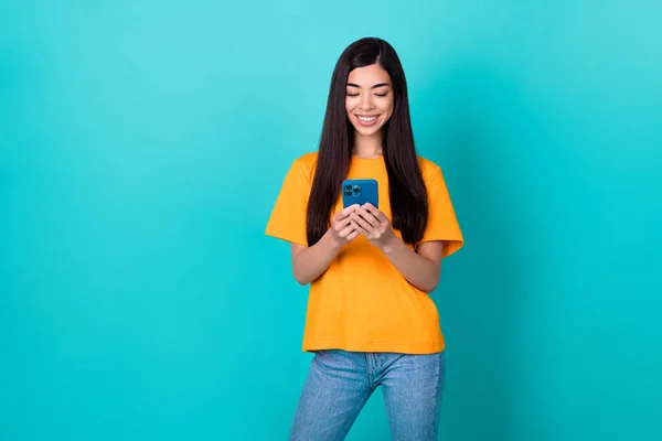 Photo Cute Millennial Lady Write Telephone Wear Orange Shirt Isolated — Stockfoto