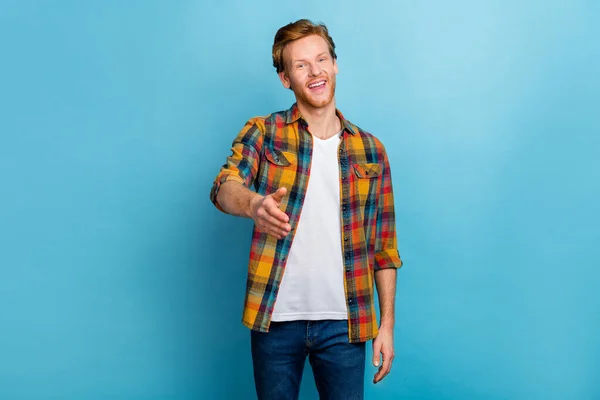 Photo Handsome Positive Good Mood Redhead Guy Dressed Checkered Shirt — Stock Fotó