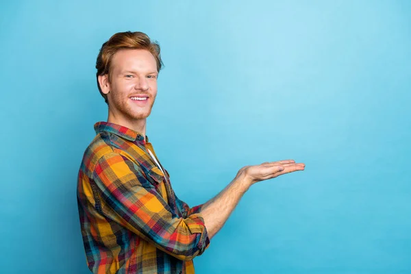 Photo Handsome Positive Stylish Guy Ginger Hair Dressed Plaid Shirt — Foto Stock