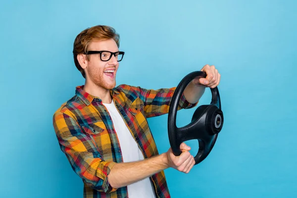 Photo Cheerful Handsome Guy Dressed Plaid Shirt Glasses Hold Steering — Stock Fotó