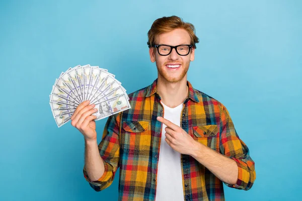 Photo Successful Cheerful Man Ginger Hairstyle Dressed Plaid Shirt Indicating — Stock Photo, Image