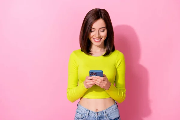 Photo Adorable Sweet Girl Dressed Lime Shirt Typing Modern Device — Foto de Stock