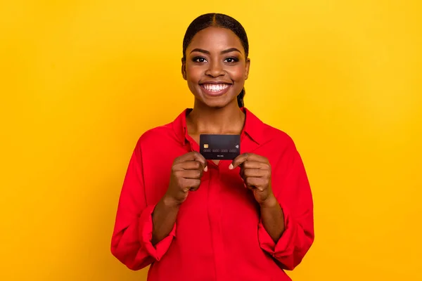 Photo Young Cheerful Girl Hold Bank Card Salary Earnings Savings — Zdjęcie stockowe