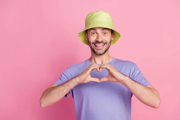 Photo Good Looking Positive Guy Fashionable Outfit Demonstrate Heart Symbol — Foto de Stock