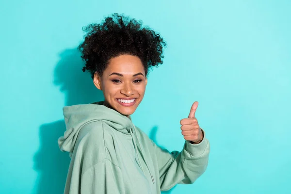 Profile Portrait Attractive Positive Girl Hand Finger Demonstrate Thumb Isolated — Foto Stock