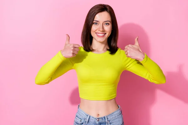 Photo Pretty Cheerful Girl Hands Fingers Demonstrate Thumb Isolated Pink — Foto Stock