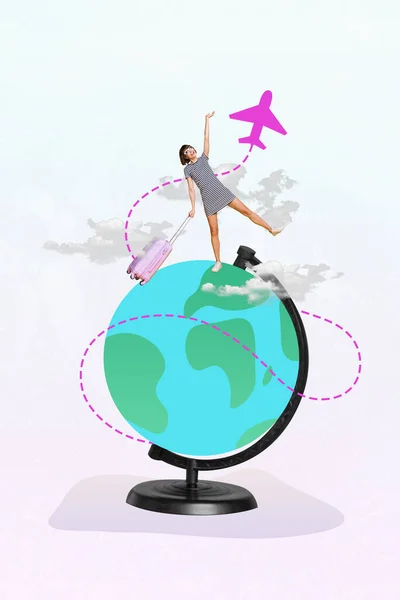 Template Poster Collage Happy Woman Tourist Travel Abroad Globe Airplane — Stock fotografie