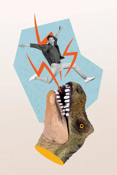 Poster Collage Prehistoric Magazine Drawing Huge Dinosaurs Head Jaws Catching — Stockfoto