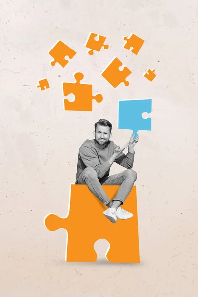 Creative Banner Collage Guy Sit Big Jigsaw Piece Confused Blue — Stock fotografie