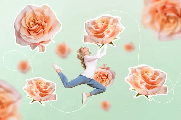 Collage Picture Excited Cheerful Girl Arms Hold Big Rose Isolated — 스톡 사진