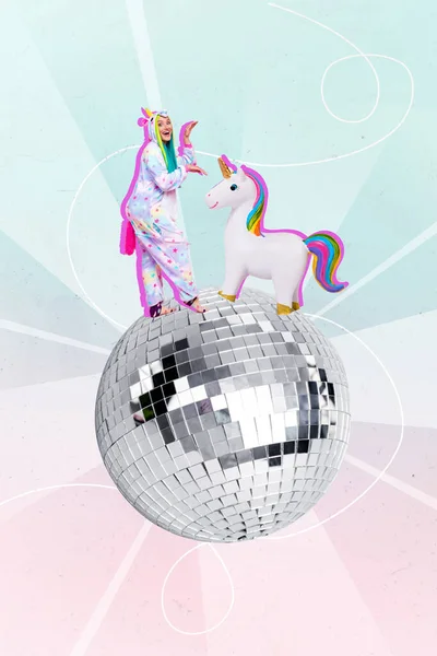 Creative artwork collage of excited cute lady in kigurumi nightwear daydreaming dancing huge disco ball with unicorn.