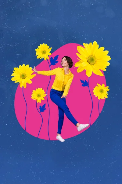 Баннерный Коллаж Радостной Дамы Внутренняя Альтернатива Ботанический Цветочный Мир Танцы — стоковое фото