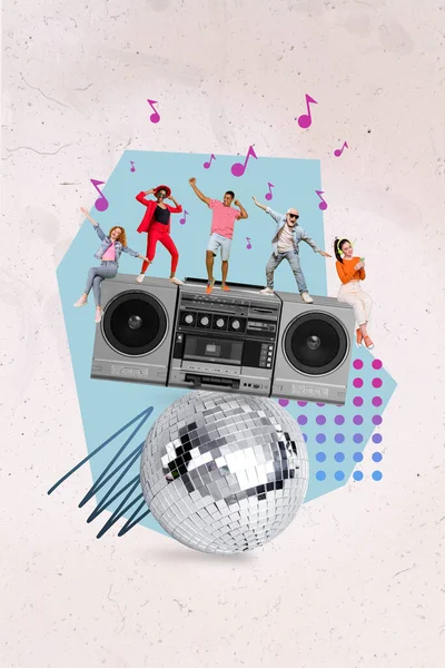 Vertical collage image of group small people enjoy dancing big boom box disco ball isolated on creative background.