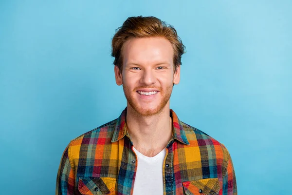 Closeup Portrait Young Handsome Guy Wear Checkered Shirt Smiling Influencer — Stockfoto