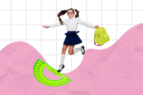 Composite collage illustration of excited little girl hold backpack drawing protractor isolated on painted copybook paper wave background.