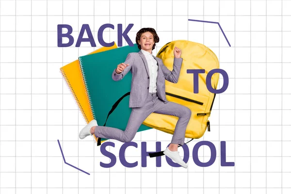 Composite Collage Picture Excited Delighted Boy Celebrate Back School Isolated — Zdjęcie stockowe