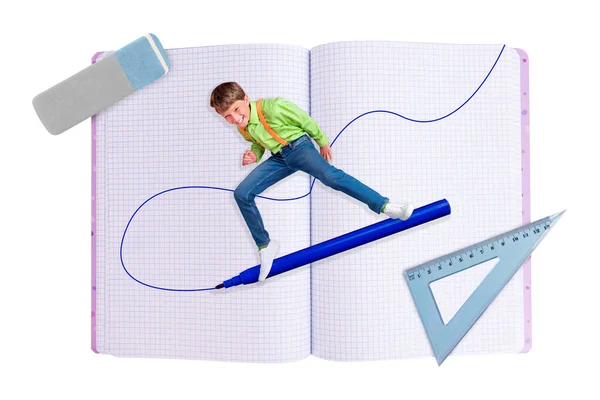 Composite Collage Illustration Excited Small Boy Surfing Big Pen Drawing — Stockfoto