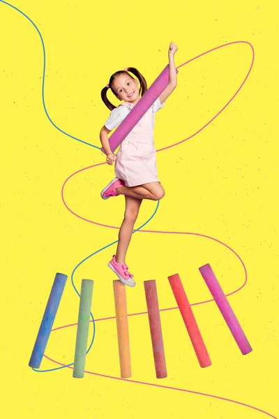 Vertical Collage Positive Little Girl Arms Hold Huge Colorful Chalk — Stockfoto