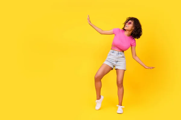 Full Body Portrait Excited Positive Girl Dancing Spend Free Time — Stockfoto